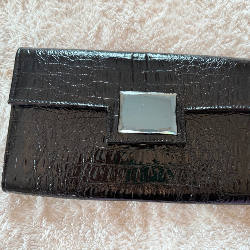 Black Crocodile Print Faux Leather Clutch with Large Mirror Broach